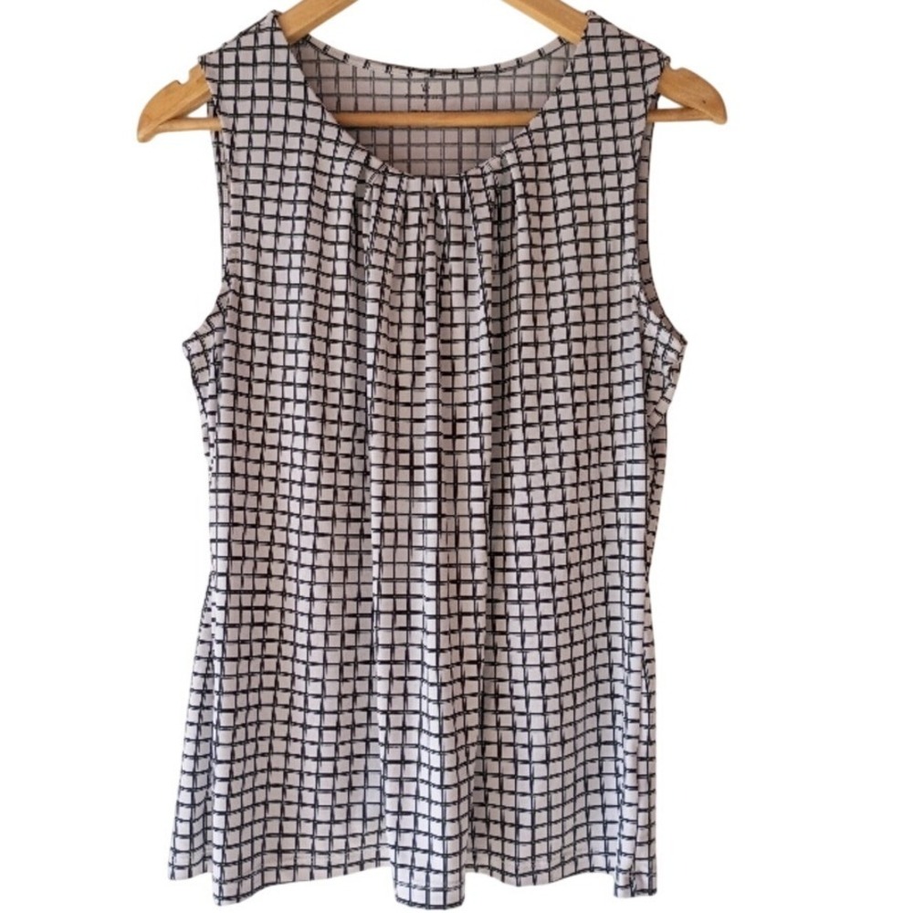 Worthington Womens Tank Top Large Blouse Grid Check Pleated Neck Sleeveless